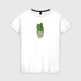 Женская футболка хлопок с принтом Кактус в Кировске, 100% хлопок | прямой крой, круглый вырез горловины, длина до линии бедер, слегка спущенное плечо | иероглифы | кактус | надпись на японском | природа | растение | цветок