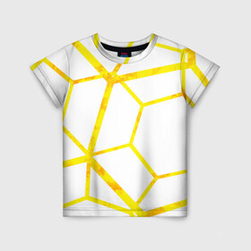 Детская футболка 3D с принтом Hexagon в Кировске, 100% гипоаллергенный полиэфир | прямой крой, круглый вырез горловины, длина до линии бедер, чуть спущенное плечо, ткань немного тянется | hexagon | high tech | lines | sun | yellow | линии | многоугольник | насыщенный желтый | паутина | солнце | хай тек | шестиугольник | яркий