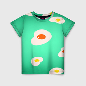 Детская футболка 3D с принтом Яйца на Зеленом Фоне в Кировске, 100% гипоаллергенный полиэфир | прямой крой, круглый вырез горловины, длина до линии бедер, чуть спущенное плечо, ткань немного тянется | food | в топе | в тренде | еда | завтрак | зеленый | яичница | яйца