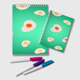 Блокнот с принтом Яйца на Зеленом Фоне в Кировске, 100% бумага | 48 листов, плотность листов — 60 г/м2, плотность картонной обложки — 250 г/м2. Листы скреплены удобной пружинной спиралью. Цвет линий — светло-серый
 | food | в топе | в тренде | еда | завтрак | зеленый | яичница | яйца