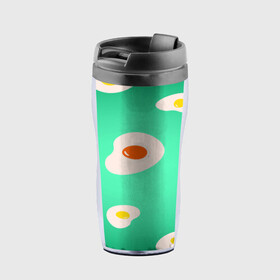 Термокружка-непроливайка с принтом Яйца на Зеленом Фоне в Кировске, внутренняя часть — пищевой пластик, наружная часть — прозрачный пластик, между ними — полиграфическая вставка с рисунком | объем — 350 мл, герметичная крышка | food | в топе | в тренде | еда | завтрак | зеленый | яичница | яйца