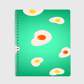 Тетрадь с принтом Яйца на Зеленом Фоне в Кировске, 100% бумага | 48 листов, плотность листов — 60 г/м2, плотность картонной обложки — 250 г/м2. Листы скреплены сбоку удобной пружинной спиралью. Уголки страниц и обложки скругленные. Цвет линий — светло-серый
 | food | в топе | в тренде | еда | завтрак | зеленый | яичница | яйца