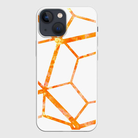 Чехол для iPhone 13 mini с принтом Hexagon в Кировске,  |  | hexagon | high tech | lines | orange | линии | многоугольник | огонь | оранжевый | паутина | пламя | хай тек | шестиугольник | яркий