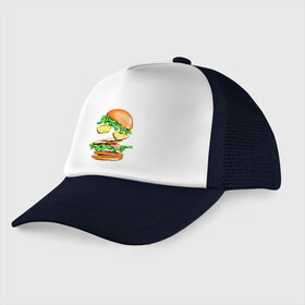 Детская кепка тракер с принтом King Burger в Кировске, Козырек - 100% хлопок. Кепка - 100% полиэстер, Задняя часть - сетка | универсальный размер, пластиковая застёжка | Тематика изображения на принте: burger | burger king | king | бургер | гамбургер