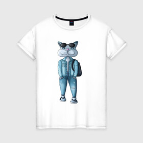 Женская футболка хлопок с принтом Уличный котик  в Кировске, 100% хлопок | прямой крой, круглый вырез горловины, длина до линии бедер, слегка спущенное плечо | джинсы | животные | кот | лето | милые животные | очки | прогулка | серый | улица