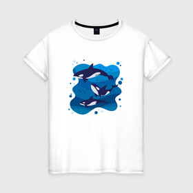 Женская футболка хлопок с принтом Косатки в Кировске, 100% хлопок | прямой крой, круглый вырез горловины, длина до линии бедер, слегка спущенное плечо | whale | кит | киты | косатка | косатки | море
