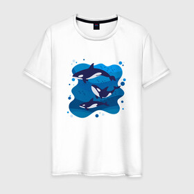 Мужская футболка хлопок с принтом Косатки в Кировске, 100% хлопок | прямой крой, круглый вырез горловины, длина до линии бедер, слегка спущенное плечо. | whale | кит | киты | косатка | косатки | море