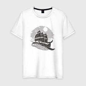 Мужская футболка хлопок с принтом Кит и корабль в Кировске, 100% хлопок | прямой крой, круглый вырез горловины, длина до линии бедер, слегка спущенное плечо. | ship | whale | кит | киты | корабль | паруса