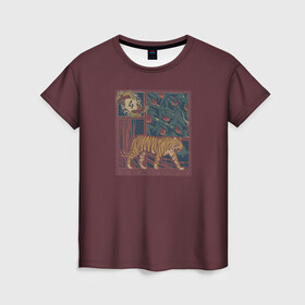 Женская футболка 3D с принтом КартиНа с Тигром в Кировске, 100% полиэфир ( синтетическое хлопкоподобное полотно) | прямой крой, круглый вырез горловины, длина до линии бедер | бардовый | картина | коты | кошки | красивый рисунок | тигр
