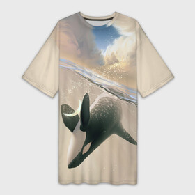 Платье-футболка 3D с принтом косатка в Кировске,  |  | ocean | orca | sea | sea animal | whale | дельфин | касатка | кит | море | океан | рисунок кита