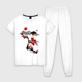 Женская пижама хлопок с принтом Рисунок Сакура в Кировске, 100% хлопок | брюки и футболка прямого кроя, без карманов, на брюках мягкая резинка на поясе и по низу штанин | горы | красный | пейзаж | рисунок | цветы | япония | японский стиль