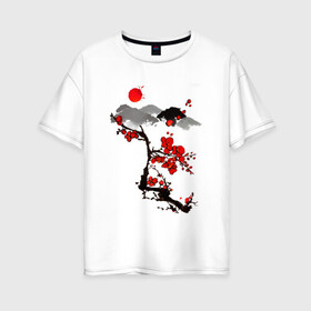 Женская футболка хлопок Oversize с принтом Рисунок Сакура в Кировске, 100% хлопок | свободный крой, круглый ворот, спущенный рукав, длина до линии бедер
 | горы | красный | пейзаж | рисунок | цветы | япония | японский стиль