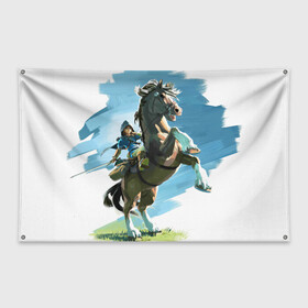 Флаг-баннер с принтом Линк на коне в Кировске, 100% полиэстер | размер 67 х 109 см, плотность ткани — 95 г/м2; по краям флага есть четыре люверса для крепления | games | link | nintendo | switch | zelda | линк