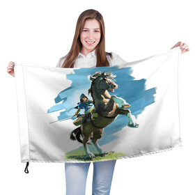 Флаг 3D с принтом Линк на коне в Кировске, 100% полиэстер | плотность ткани — 95 г/м2, размер — 67 х 109 см. Принт наносится с одной стороны | games | link | nintendo | switch | zelda | линк