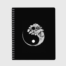 Тетрадь с принтом Yin and Yang. Bonsai Tree в Кировске, 100% бумага | 48 листов, плотность листов — 60 г/м2, плотность картонной обложки — 250 г/м2. Листы скреплены сбоку удобной пружинной спиралью. Уголки страниц и обложки скругленные. Цвет линий — светло-серый
 | Тематика изображения на принте: black | bonsai | buddhism | dualism | esotericism | evil | good | japan | negative | philosophy | positive | tree | white | yang | yin | zen | белое | бонсай | буддизм | дерево | дзен | добро | древо | дуализм | зло | инь | негатив | позитив | философия |