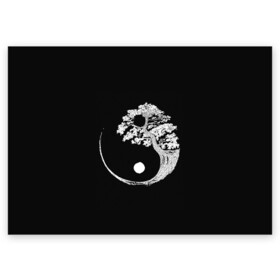 Поздравительная открытка с принтом Yin and Yang Bonsai Tree в Кировске, 100% бумага | плотность бумаги 280 г/м2, матовая, на обратной стороне линовка и место для марки
 | Тематика изображения на принте: black | bonsai | buddhism | dualism | esotericism | evil | good | japan | negative | philosophy | positive | tree | white | yang | yin | zen | белое | бонсай | буддизм | дерево | дзен | добро | древо | дуализм | зло | инь | негатив | позитив | философия |