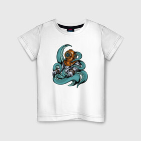 Детская футболка хлопок с принтом Осьминог напал на водолаза в Кировске, 100% хлопок | круглый вырез горловины, полуприлегающий силуэт, длина до линии бедер | водолаз | море | океан | осьминог | подводный мир | щупальцы