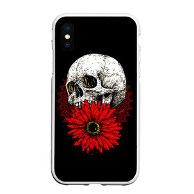 Чехол для iPhone XS Max матовый с принтом Череп и Красный Цветок Skull в Кировске, Силикон | Область печати: задняя сторона чехла, без боковых панелей | flowers | head | skulls | букет | голова | животные | кости | мозги | паттерн | полосы | природа | розы | скелет | текстура | узор | флора | хо | цветы | черепа | черный | яркий