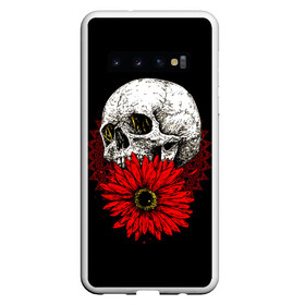 Чехол для Samsung Galaxy S10 с принтом Череп и Красный Цветок Skull в Кировске, Силикон | Область печати: задняя сторона чехла, без боковых панелей | Тематика изображения на принте: flowers | head | skulls | букет | голова | животные | кости | мозги | паттерн | полосы | природа | розы | скелет | текстура | узор | флора | хо | цветы | черепа | черный | яркий