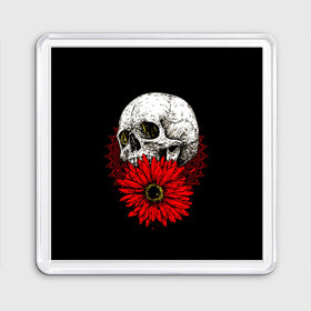 Магнит 55*55 с принтом Череп и Красный Цветок Skull в Кировске, Пластик | Размер: 65*65 мм; Размер печати: 55*55 мм | flowers | head | skulls | букет | голова | животные | кости | мозги | паттерн | полосы | природа | розы | скелет | текстура | узор | флора | хо | цветы | черепа | черный | яркий