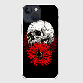 Чехол для iPhone 13 mini с принтом Череп и Красный Цветок | Skull в Кировске,  |  | flowers | head | skulls | букет | голова | животные | кости | мозги | паттерн | полосы | природа | розы | скелет | текстура | узор | флора | хо | цветы | черепа | черный | яркий
