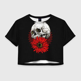 Женская футболка Crop-top 3D с принтом Череп и Красный Цветок Skull в Кировске, 100% полиэстер | круглая горловина, длина футболки до линии талии, рукава с отворотами | flowers | head | skulls | букет | голова | животные | кости | мозги | паттерн | полосы | природа | розы | скелет | текстура | узор | флора | хо | цветы | черепа | черный | яркий