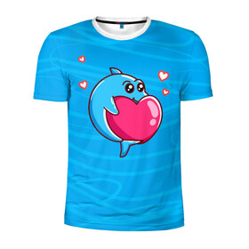 Мужская футболка 3D спортивная с принтом Дельфин с сердечком в Кировске, 100% полиэстер с улучшенными характеристиками | приталенный силуэт, круглая горловина, широкие плечи, сужается к линии бедра | dolphin | дельфин | дельфинчик | море | морские | на голубом | с дельфином | с сердцем | сердечко