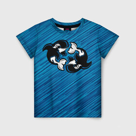 Детская футболка 3D с принтом Две косатки в Кировске, 100% гипоаллергенный полиэфир | прямой крой, круглый вырез горловины, длина до линии бедер, чуть спущенное плечо, ткань немного тянется | Тематика изображения на принте: whale | кит | косатка | косатки | на синем | с косатками