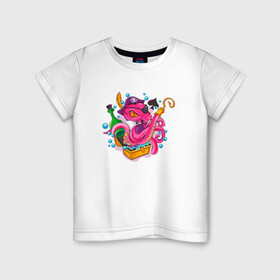 Детская футболка хлопок с принтом Осьминог пират в Кировске, 100% хлопок | круглый вырез горловины, полуприлегающий силуэт, длина до линии бедер | cute | octopus | pirat | кракен | осьминог | осьминожка | пират | щупальца
