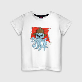 Детская футболка хлопок с принтом Осьминог в каске в Кировске, 100% хлопок | круглый вырез горловины, полуприлегающий силуэт, длина до линии бедер | cute | octopus | pirat | в каске | кракен | осьминог | осьминожка | пират | скелет | череп | щупальца