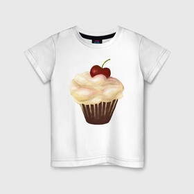 Детская футболка хлопок с принтом Cupcake with cherry art в Кировске, 100% хлопок | круглый вырез горловины, полуприлегающий силуэт, длина до линии бедер | Тематика изображения на принте: art | cherry | cooking | cupcake | vypichka | yummy | арт | вишня | вкусняшка | выпичка | кекс | кулинария