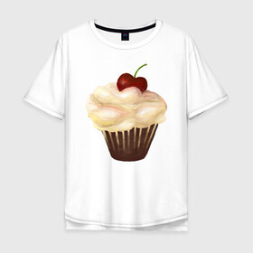 Мужская футболка хлопок Oversize с принтом Cupcake with cherry art в Кировске, 100% хлопок | свободный крой, круглый ворот, “спинка” длиннее передней части | art | cherry | cooking | cupcake | vypichka | yummy | арт | вишня | вкусняшка | выпичка | кекс | кулинария