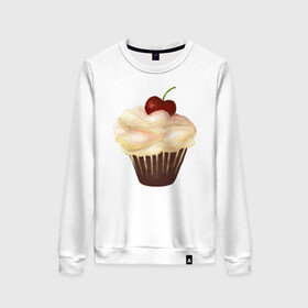 Женский свитшот хлопок с принтом Cupcake with cherry art в Кировске, 100% хлопок | прямой крой, круглый вырез, на манжетах и по низу широкая трикотажная резинка  | art | cherry | cooking | cupcake | vypichka | yummy | арт | вишня | вкусняшка | выпичка | кекс | кулинария