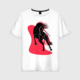 Женская футболка хлопок Oversize с принтом ЧЕРНЫЙ ЕДИНОРОГ в Кировске, 100% хлопок | свободный крой, круглый ворот, спущенный рукав, длина до линии бедер
 | evil unicorn | единорог | красное и белое | черный единорог