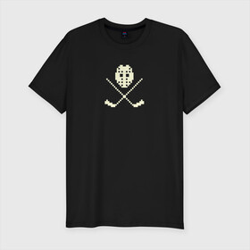 Мужская футболка хлопок Slim с принтом Маска в Кировске, 92% хлопок, 8% лайкра | приталенный силуэт, круглый вырез ворота, длина до линии бедра, короткий рукав | hockey | pixel art | вратарь | клюшки | пиксель арт | хоккей | хоккейная маска
