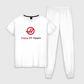Женская пижама хлопок с принтом Haas F1 Team в Кировске, 100% хлопок | брюки и футболка прямого кроя, без карманов, на брюках мягкая резинка на поясе и по низу штанин | f1 | haas | грожан | магнуссен | мазепин | ф1 | феррари | формула 1 | хаас
