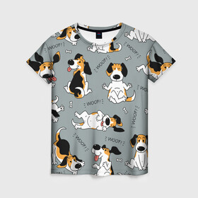 Женская футболка 3D с принтом Собаки Бигли в Кировске, 100% полиэфир ( синтетическое хлопкоподобное полотно) | прямой крой, круглый вырез горловины, длина до линии бедер | dog | бигли | бигль | животные | пес | природа | собака | собаки | собакчка | собачки