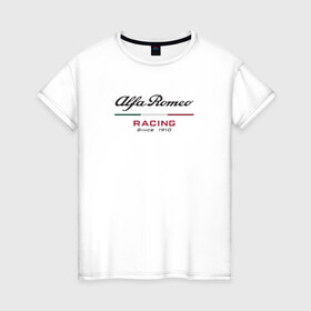 Женская футболка хлопок с принтом Alfa Romeo F1 Team в Кировске, 100% хлопок | прямой крой, круглый вырез горловины, длина до линии бедер, слегка спущенное плечо | alfa romeo | f1 | formula 1 | team | альфе ромео | антонио джовинации | кими райкконен | логотип | ф1 | формула 1
