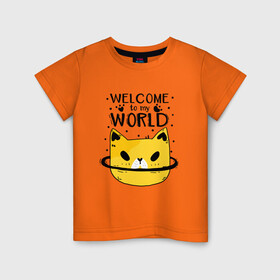 Детская футболка хлопок с принтом Планета кошек в Кировске, 100% хлопок | круглый вырез горловины, полуприлегающий силуэт, длина до линии бедер | cat | cats | funny | kitten | kitty | meow | pet | welcome to my world | кот | котик | коты | кошачья | кошка | кошки | планета