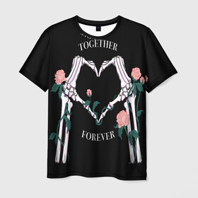 Мужская футболка 3D с принтом Вместе навсегда/together forever в Кировске, 100% полиэфир | прямой крой, круглый вырез горловины, длина до линии бедер | bones | flowers | forever | heart | love | кости | любовь | навсегда | сердечко | цветы