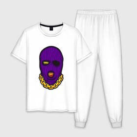 Мужская пижама хлопок с принтом DaBaby Purple Mask в Кировске, 100% хлопок | брюки и футболка прямого кроя, без карманов, на брюках мягкая резинка на поясе и по низу штанин
 | Тематика изображения на принте: gangster | golden | mask | music | rappers