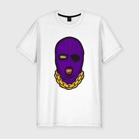 Мужская футболка хлопок Slim с принтом DaBaby Purple Mask в Кировске, 92% хлопок, 8% лайкра | приталенный силуэт, круглый вырез ворота, длина до линии бедра, короткий рукав | Тематика изображения на принте: gangster | golden | mask | music | rappers