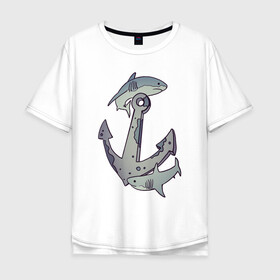 Мужская футболка хлопок Oversize с принтом Sharks around the anchor в Кировске, 100% хлопок | свободный крой, круглый ворот, “спинка” длиннее передней части | fish | sea | shark | акула | море | плавники | под водой | рыба | якорь