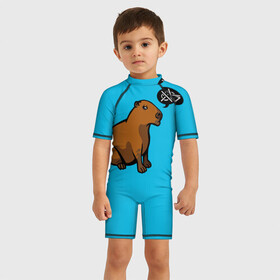 Детский купальный костюм 3D с принтом Капибара в Кировске, Полиэстер 85%, Спандекс 15% | застежка на молнии на спине | Тематика изображения на принте: грызун | животное | звери | зверь | капибара