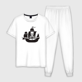 Мужская пижама хлопок с принтом Пиратский корабль в Кировске, 100% хлопок | брюки и футболка прямого кроя, без карманов, на брюках мягкая резинка на поясе и по низу штанин
 | captain | pirate | pirates | ship | skull | капитан | корабль | пират | череп | штурвал