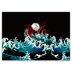 Поздравительная открытка с принтом Корабль на Волнах | Кракен в Кировске, 100% бумага | плотность бумаги 280 г/м2, матовая, на обратной стороне линовка и место для марки
 | Тематика изображения на принте: animal | beast | kraken | monster | moon | ocean | octopus | sea | ship | water | waves | вода | волны | животные | звери | корабль | кракен | луна | монстр | море | океан | осьминог | рыбы | щупальца