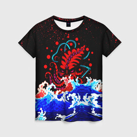 Женская футболка 3D с принтом Кровавый Кракен Монстр в Кировске, 100% полиэфир ( синтетическое хлопкоподобное полотно) | прямой крой, круглый вырез горловины, длина до линии бедер | animal | beast | blood | drops | kraken | monster | ocean | octopus | sea | water | waves | брызги | вода | волны | животные | звери | капли | кракен | кровь | монстр | море | океан | осьминог | рыбы | щупальца