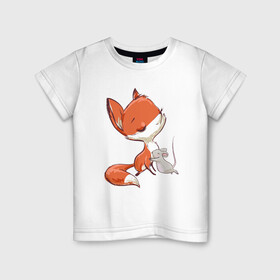 Детская футболка хлопок с принтом Лисичка и мышка в Кировске, 100% хлопок | круглый вырез горловины, полуприлегающий силуэт, длина до линии бедер | fox | foxy | животное | звери | лиса | лисенок | лисичка | милая | рыжая | фокс