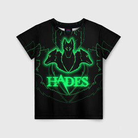 Детская футболка 3D с принтом Hades в Кировске, 100% гипоаллергенный полиэфир | прямой крой, круглый вырез горловины, длина до линии бедер, чуть спущенное плечо, ткань немного тянется | hades | roguelike | бесконечные круги ада | волки | зелёные | компьютерная игра | светящиеся | эмблема