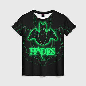 Женская футболка 3D с принтом Hades в Кировске, 100% полиэфир ( синтетическое хлопкоподобное полотно) | прямой крой, круглый вырез горловины, длина до линии бедер | hades | roguelike | бесконечные круги ада | волки | зелёные | компьютерная игра | светящиеся | эмблема